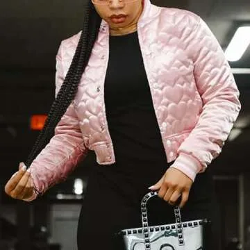 Women's Baseball Varsity Jacket Cropped Bomber Quilted Jackets Vintage Casual Lightweight Crop Top Coat Pink