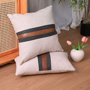 BOYSUM Set of 2 Leather Throw Pillow Covers Outdoor Decor Beige Patchwork Linen Brown Faux Leather Pillows Cover for Couch Sofa, Beige 12x20 Inch