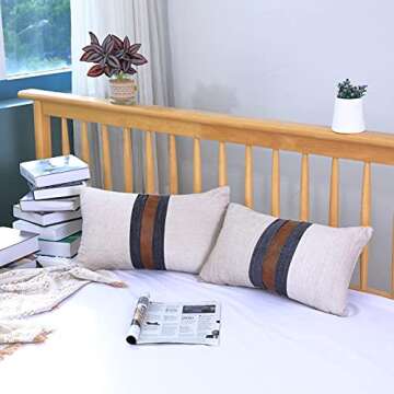BOYSUM Set of 2 Leather Throw Pillow Covers Outdoor Decor Beige Patchwork Linen Brown Faux Leather Pillows Cover for Couch Sofa, Beige 12x20 Inch