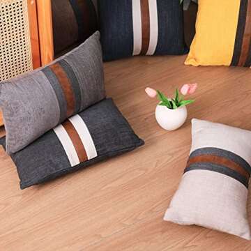 BOYSUM Set of 2 Leather Throw Pillow Covers Outdoor Decor Beige Patchwork Linen Brown Faux Leather Pillows Cover for Couch Sofa, Beige 12x20 Inch
