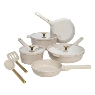 Paris Hilton Ceramic Nonstick Cookware Set - Gold Heart Knobs, Dishwasher Safe, 10-Piece