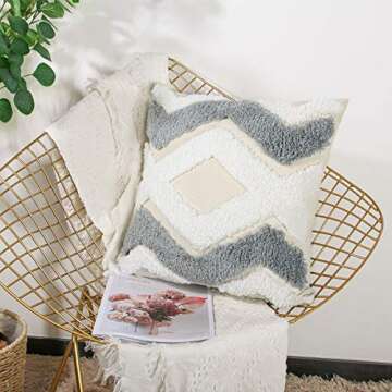 Mingfuxin Woven Tufted Boho Throw Pillow Covers 18X18, Decorative Pillow Covers for Sofa Couch, Bohemian Pillow Cases for Bedroom Living Room, Modern Square Grey Pillows Cover Set of 2