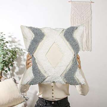Mingfuxin Woven Tufted Boho Throw Pillow Covers 18X18, Decorative Pillow Covers for Sofa Couch, Bohemian Pillow Cases for Bedroom Living Room, Modern Square Grey Pillows Cover Set of 2