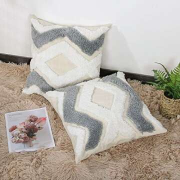 Mingfuxin Woven Tufted Boho Throw Pillow Covers 18X18, Decorative Pillow Covers for Sofa Couch, Bohemian Pillow Cases for Bedroom Living Room, Modern Square Grey Pillows Cover Set of 2