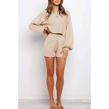 ZESICA Women's Casual Long Sleeve Solid Color Knit Pullover Sweatsuit 2 Piece Short Sweater Outfits Sets,Apricot,Medium