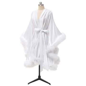 Silk Satin Robes for Women Feather Robe Bridal Dressing Gown Sexy Fur Lingerie Nightgown Bathrobe Sl...