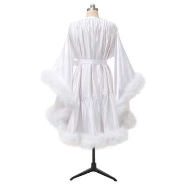 Silk Satin Robes for Women Feather Robe Bridal Dressing Gown Sexy Fur Lingerie Nightgown Bathrobe Sleepwear White+Black S/M