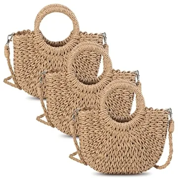 Oudain 3 Pcs Semi Circle Rattan Straw Bag - Elegant Summer Beach Tote