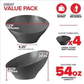 54oz Black Plastic Serving Bowls (4 Pack) Large Disposable Snack Bowl Candy Dishes, Buffet Container...