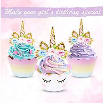 Unicorn Cupcake Toppers and Wrappers Decorations (30 of Each) - Reversible Rainbow Cup Cake Liners w...