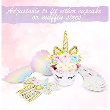 Unicorn Cupcake Toppers and Wrappers Decorations (30 of Each) - Reversible Rainbow Cup Cake Liners with Unicorn Topper | Cute Decorating Supplies for Girl Birthday Party