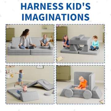 linor Modular Kids Play Couch 10Pcs, 65.4" Kids Couch for Playroom Bedroom, Multifunctional Modular Toddler Couch, Over 10 Combinations Creative Sofa for Imaginative Kids (Grey)