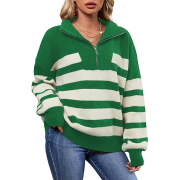SuperPrity Womens Sweaters Oversized Striped Quarter Zip Long Sleeve V Neck Knit Pullover Tops 2024 ...