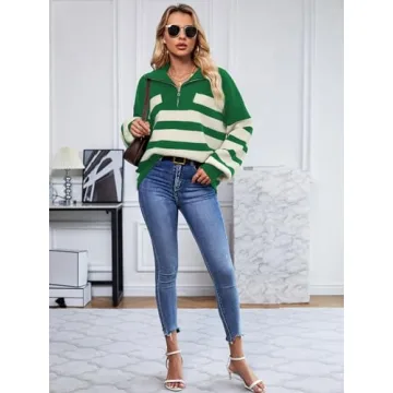 SuperPrity Womens Sweaters Oversized Striped Quarter Zip Long Sleeve V Neck Knit Pullover Tops 2024 Fall Fashion Clothes-S,Green Stripe