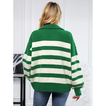 SuperPrity Womens Sweaters Oversized Striped Quarter Zip Long Sleeve V Neck Knit Pullover Tops 2024 Fall Fashion Clothes-S,Green Stripe