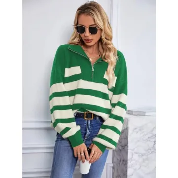 SuperPrity Womens Sweaters Oversized Striped Quarter Zip Long Sleeve V Neck Knit Pullover Tops 2024 Fall Fashion Clothes-S,Green Stripe