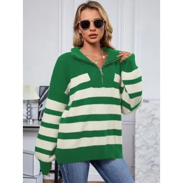 SuperPrity Womens Sweaters Oversized Striped Quarter Zip Long Sleeve V Neck Knit Pullover Tops 2024 Fall Fashion Clothes-S,Green Stripe