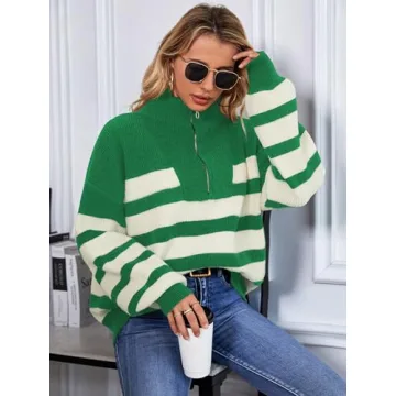 SuperPrity Womens Sweaters Oversized Striped Quarter Zip Long Sleeve V Neck Knit Pullover Tops 2024 Fall Fashion Clothes-S,Green Stripe