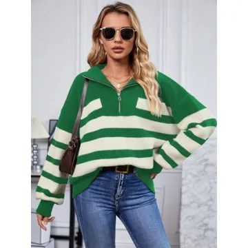 SuperPrity Womens Sweaters Oversized Striped Quarter Zip Long Sleeve V Neck Knit Pullover Tops 2024 Fall Fashion Clothes-S,Green Stripe