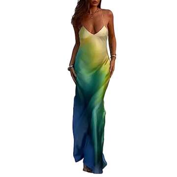yuhappy Spaghetti Strap Maxi Dresses for Women 2023 Satin Long Dress Solid Color Flower Tassel Sleeveless Sling Bodycon Dress (Tie Dye Blue Green Yellow, S)