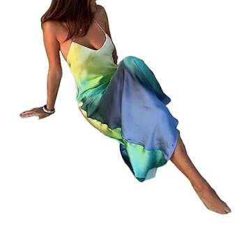 yuhappy Spaghetti Strap Maxi Dresses for Women 2023 Satin Long Dress Solid Color Flower Tassel Sleeveless Sling Bodycon Dress (Tie Dye Blue Green Yellow, S)