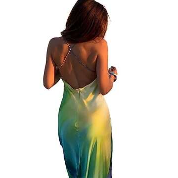 yuhappy Spaghetti Strap Maxi Dresses for Women 2023 Satin Long Dress Solid Color Flower Tassel Sleeveless Sling Bodycon Dress (Tie Dye Blue Green Yellow, S)