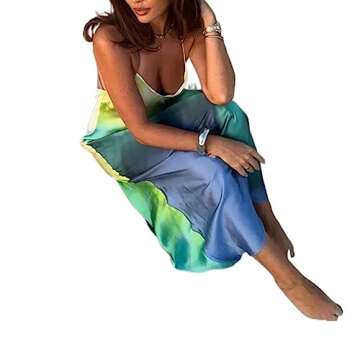 yuhappy Spaghetti Strap Maxi Dresses for Women 2023 Satin Long Dress Solid Color Flower Tassel Sleeveless Sling Bodycon Dress (Tie Dye Blue Green Yellow, S)