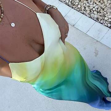 yuhappy Spaghetti Strap Maxi Dresses for Women 2023 Satin Long Dress Solid Color Flower Tassel Sleeveless Sling Bodycon Dress (Tie Dye Blue Green Yellow, S)