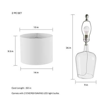 Lavish Home Table Lamps – Set of 2 Cloche Style Modern Farmhouse Lighting for Living Room, Bedroom or Office – Energy Efficient LED, 14” L x 14” W x 26” H, Ivory & Clear Glass