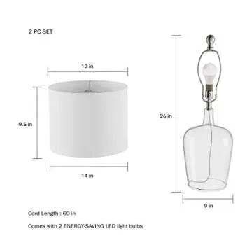 Lavish Home Table Lamps – Set of 2 Cloche Style Modern Farmhouse Lighting for Living Room, Bedroom or Office – Energy Efficient LED, 14” L x 14” W x 26” H, Ivory & Clear Glass