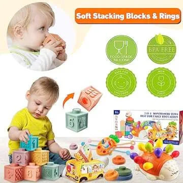 Weilim Montessori Toys for Babies 6 to 12 Months, Baby Toys Sensory Toys for Toddlers 1-3, Fine Motor Toys, Pull String Toy, Stacking Blocks Rings, Baby Tissue Box Toy 5 in 1 Infants Learning Toys
