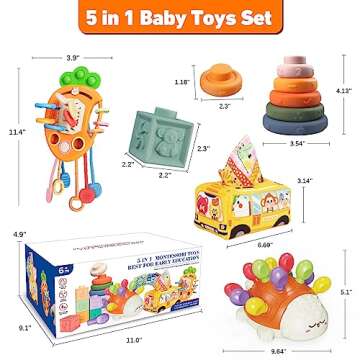 Weilim Montessori Toys for Babies 6 to 12 Months, Baby Toys Sensory Toys for Toddlers 1-3, Fine Motor Toys, Pull String Toy, Stacking Blocks Rings, Baby Tissue Box Toy 5 in 1 Infants Learning Toys