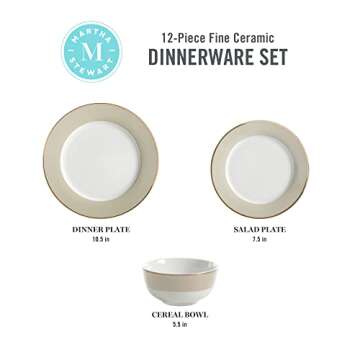 Martha Stewart Gracie Lane 12-Piece Porcelain Chip and Scratch Resistant Decorated Dinnerware Set - Sharkey Grey w/Gold Rim