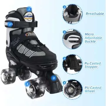 Kids Roller Skates for Boys, Black Adjustable Rollerskates with Light Up Wheels for Teens Youth Ages 6-12 10 11 12, Beginners Outdoor Sports, Best Birthday Gift for Kids