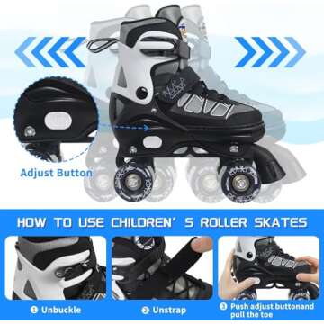 Kids Roller Skates for Boys, Black Adjustable Rollerskates with Light Up Wheels for Teens Youth Ages 6-12 10 11 12, Beginners Outdoor Sports, Best Birthday Gift for Kids