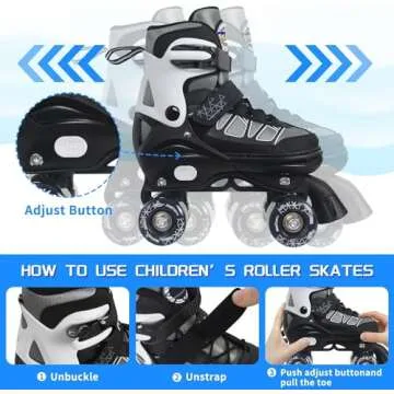 Kids Roller Skates for Boys, Black Adjustable Rollerskates with Light Up Wheels for Teens Youth Ages 6-12 10 11 12, Beginners Outdoor Sports, Best Birthday Gift for Kids