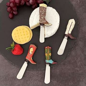 Supreme Housewares Cheese and Butter Spreader Knives 4-Piece Hand Painted Resin Handle with Stainless Steel Blade Multipurpose Cheese Spreader set (Boots)