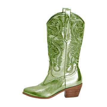 MissHeel Women Green Cowgirl Booties - Stylish & Comfortable Mid High Cowboy Boots