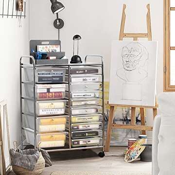 RELAX4LIFE Storage Drawer Carts W/15-Drawer,Rolling Wheels Semi-Transparent Multipurpose Mobile Rolling Utility Cart for School, Office, Home, Beauty Salon Storage Organizer Cart (Clear)