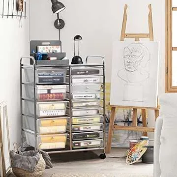 RELAX4LIFE Storage Drawer Carts W/15-Drawer,Rolling Wheels Semi-Transparent Multipurpose Mobile Rolling Utility Cart for School, Office, Home, Beauty Salon Storage Organizer Cart (Clear)