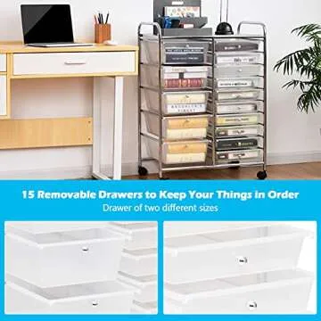 RELAX4LIFE Storage Drawer Carts W/15-Drawer,Rolling Wheels Semi-Transparent Multipurpose Mobile Rolling Utility Cart for School, Office, Home, Beauty Salon Storage Organizer Cart (Clear)