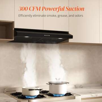 FIREGAS Black Range Hood 30 Inch Under Cabinet, Ducted/Ductless Convertible Kitchen Hood, 300 CFM, 3...