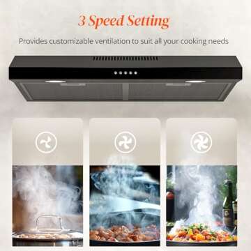 FIREGAS Black Range Hood 30 Inch Under Cabinet, Ducted/Ductless Convertible Kitchen Hood, 300 CFM, 3 Speed Exhaust Fan, Brushless DC Motor, Stove Hood Vents for Kitchen with LED Lights