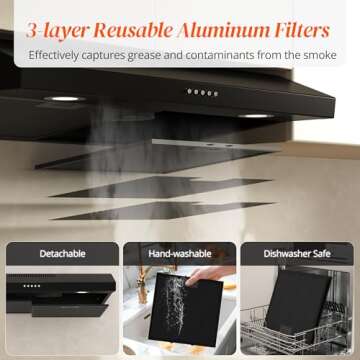 FIREGAS Black Range Hood 30 Inch Under Cabinet, Ducted/Ductless Convertible Kitchen Hood, 300 CFM, 3 Speed Exhaust Fan, Brushless DC Motor, Stove Hood Vents for Kitchen with LED Lights