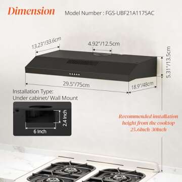 FIREGAS Black Range Hood 30 Inch Under Cabinet, Ducted/Ductless Convertible Kitchen Hood, 300 CFM, 3 Speed Exhaust Fan, Brushless DC Motor, Stove Hood Vents for Kitchen with LED Lights
