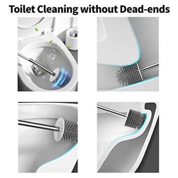 SimplyHome 2-Way Toilet Brush with Ventilated Holder with Silicone and Bristle Brushes for Toilet Cleaning Device with a Holder with Aluminum Handle 1 Set (White)