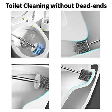 SimplyHome 2-Way Toilet Brush with Ventilated Holder with Silicone and Bristle Brushes for Toilet Cleaning Device with a Holder with Aluminum Handle 1 Set (White)