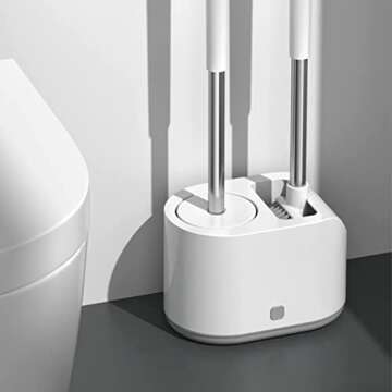 SimplyHome 2-Way Toilet Brush with Ventilated Holder with Silicone and Bristle Brushes for Toilet Cleaning Device with a Holder with Aluminum Handle 1 Set (White)