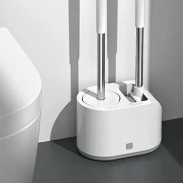 SimplyHome 2-Way Toilet Brush with Ventilated Holder with Silicone and Bristle Brushes for Toilet Cleaning Device with a Holder with Aluminum Handle 1 Set (White)