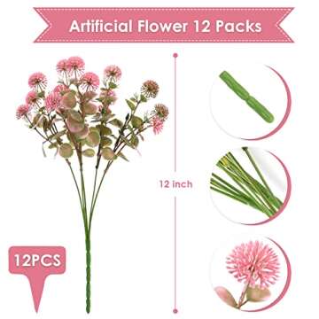 Uqueeten 12 Pcs Artificial Billy Ball Flowers, Stunning Pink Decor for Home & Weddings